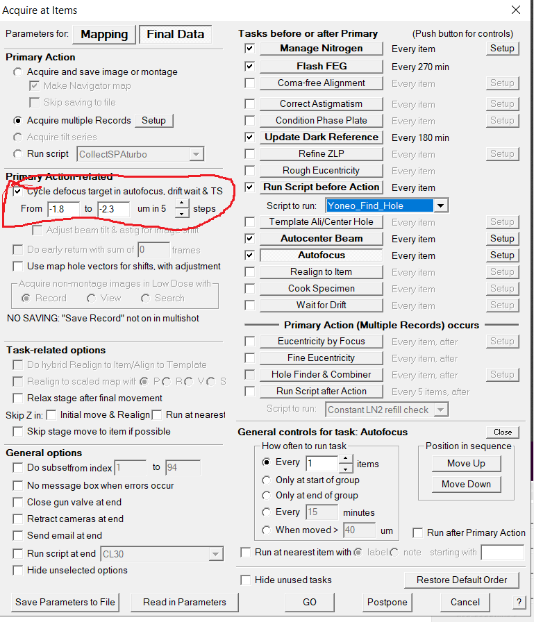Editing focus parameters